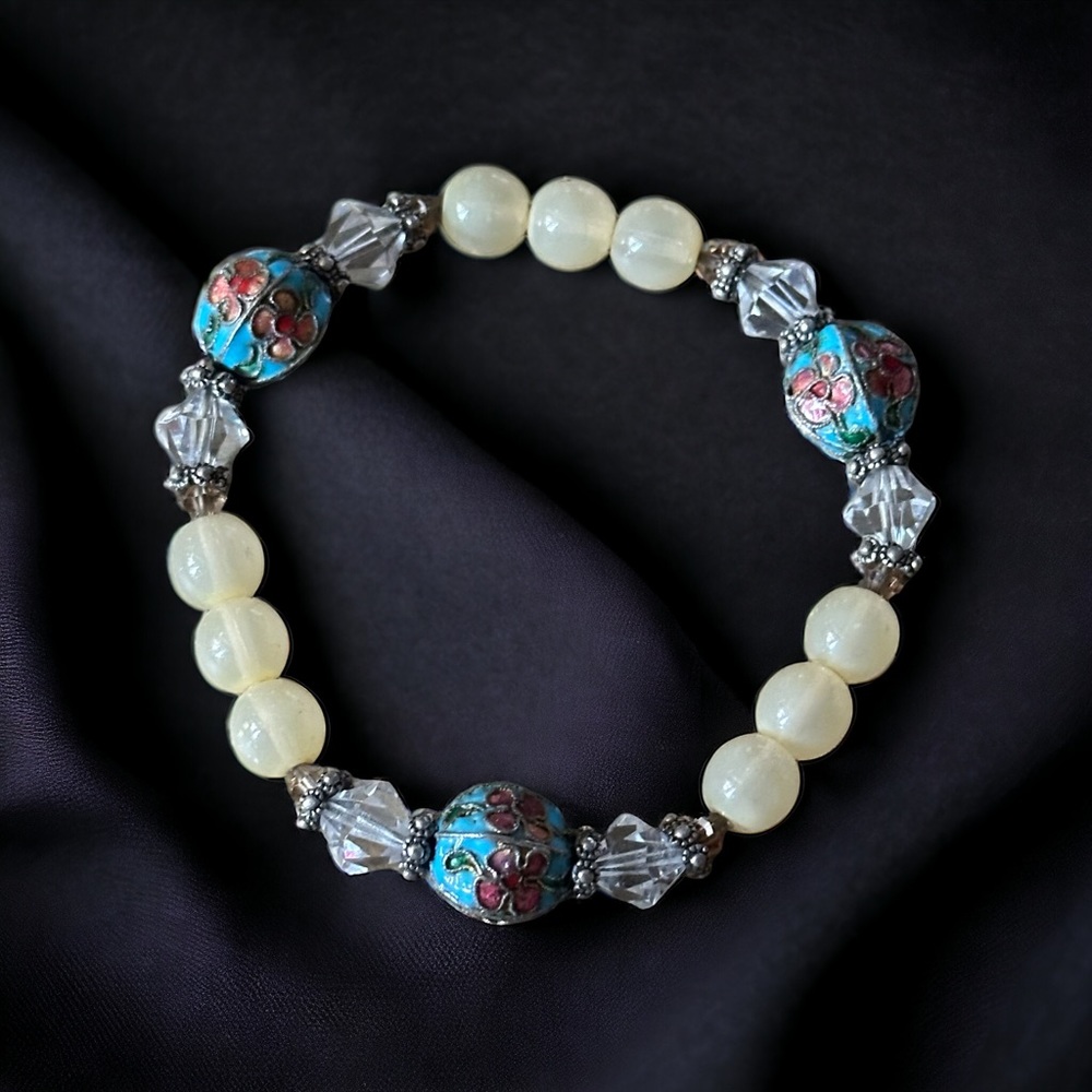 Vintage cloisonné and moonstone bead bracelet